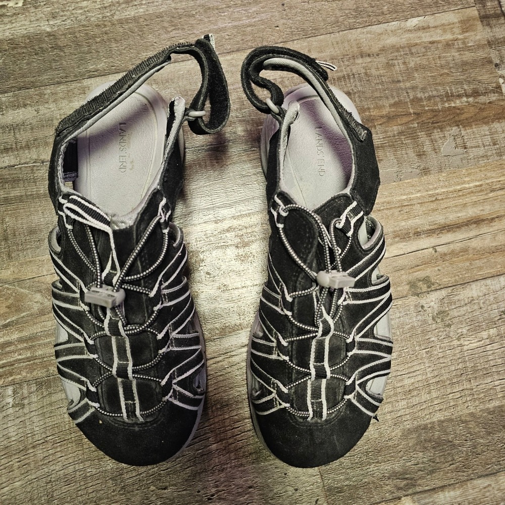 Lands End Womens 9 Black Grey Active Water Sandals Hiking Shoes V3805/F3898